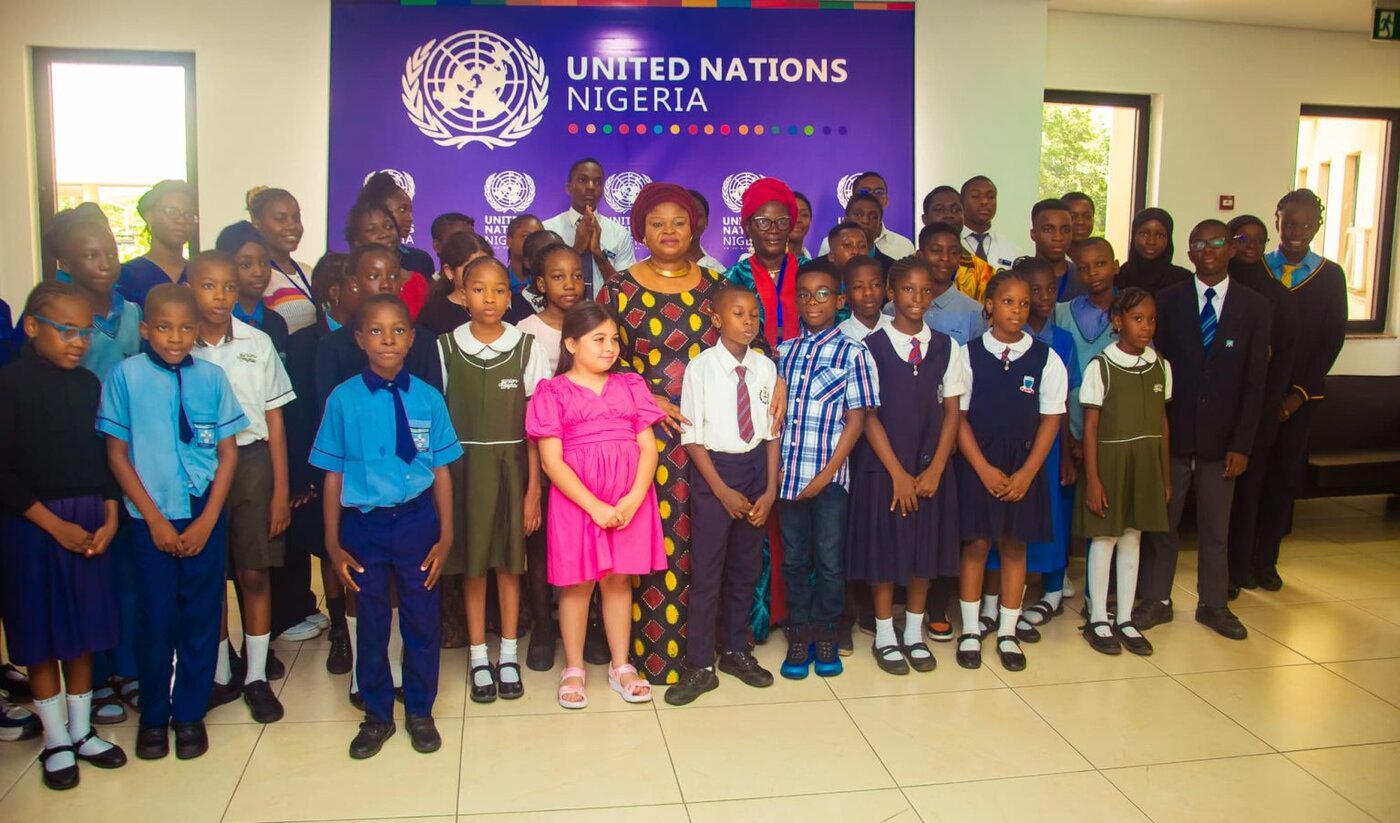 Princess Adejoke Orelope-Adefulire with schoolchildren at United Nations Nigeria